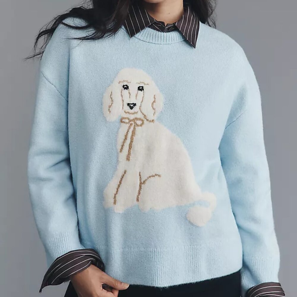 Anthropologie POODLE Maeve DOG ICON sweater light blue crew neck Pullover M NWT - Picture 5 of 14